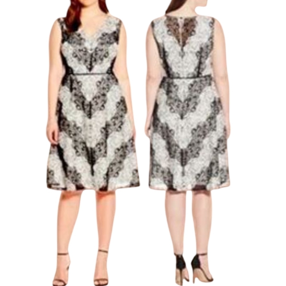 ADRIANNA PAPELL Chevron Black And White Lace Fit And Flare Dress NWT Wedding